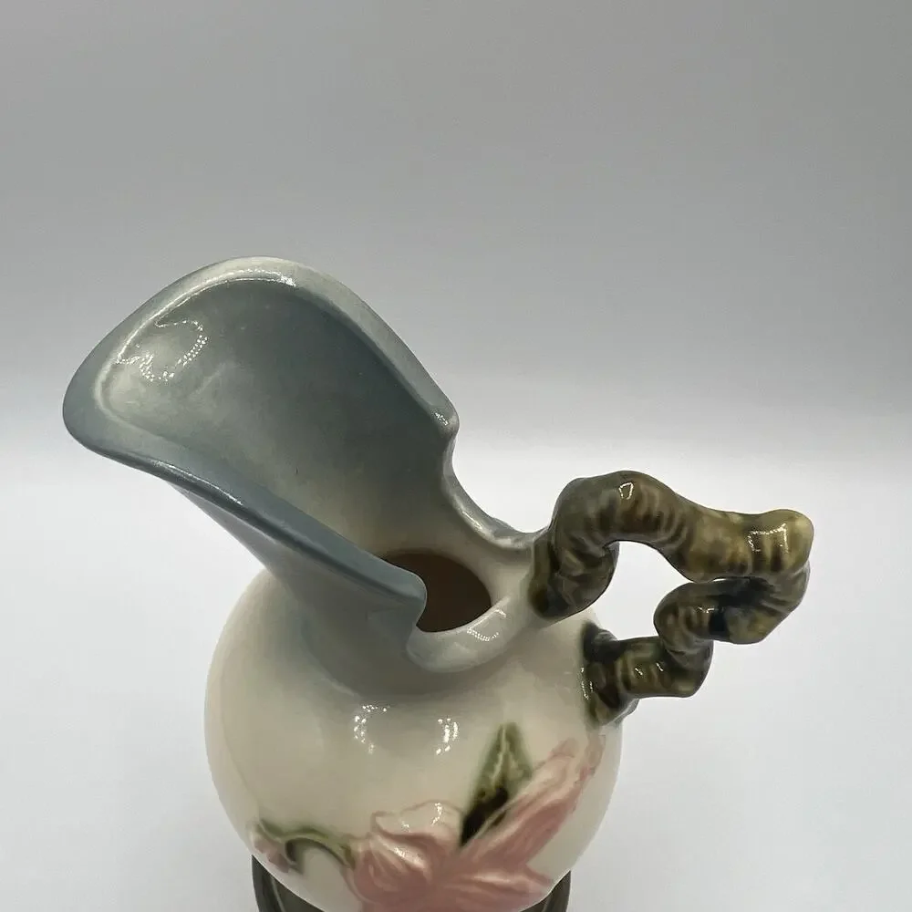 VTG Hull Pottery Woodland Ewer Pitcher W6 6½” Pink Floral Green Handle USA